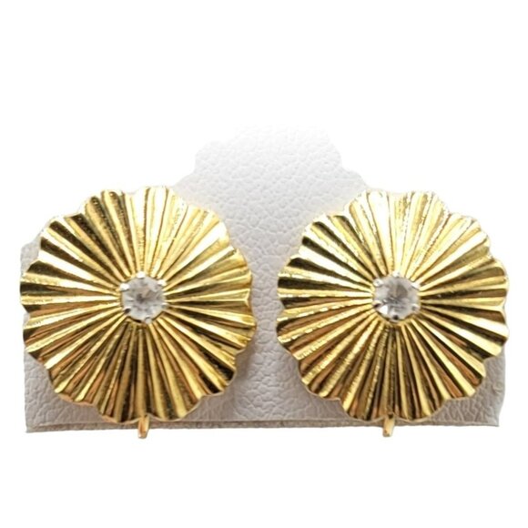 D'Orlan Gold Tone Round Ridge Rhinestone Clip On Earrings, Signed - Picture 1 of 6